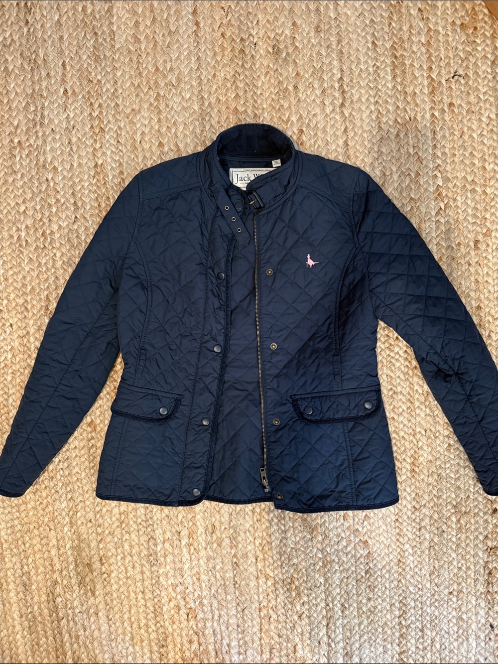 Jack Wills Navy Quilted Puffer Jacket with Pink Logo